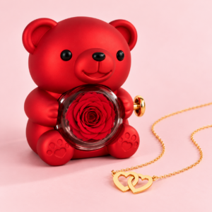 Coffret cadeau écrin ourson rouge avec rose éternelle et collier deux cœurs entrelacés en or