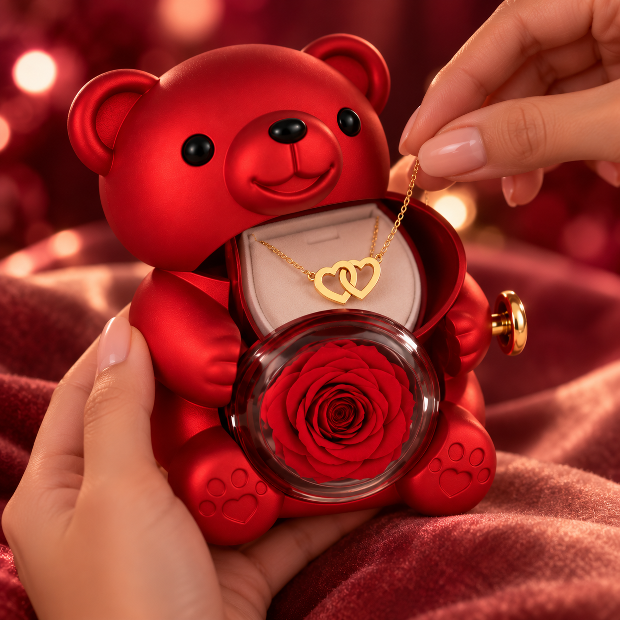 Écrin ourson ouvert révélant le collier deux cœurs gravé caché derrière la rose