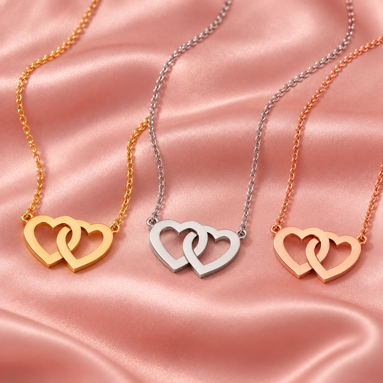 Les trois finitions du collier deux cœurs : or, argent et or rose