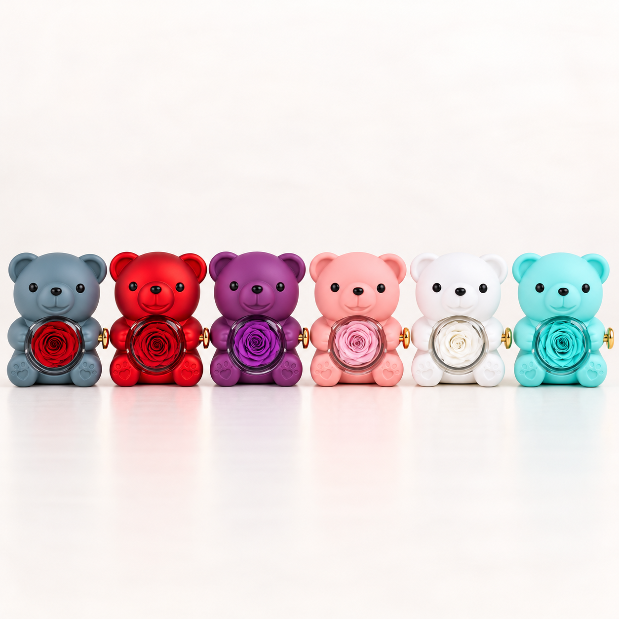 Les six couleurs de l'écrin ourson rose éternelle : gris, rouge, violet, rose, blanc et turquoise