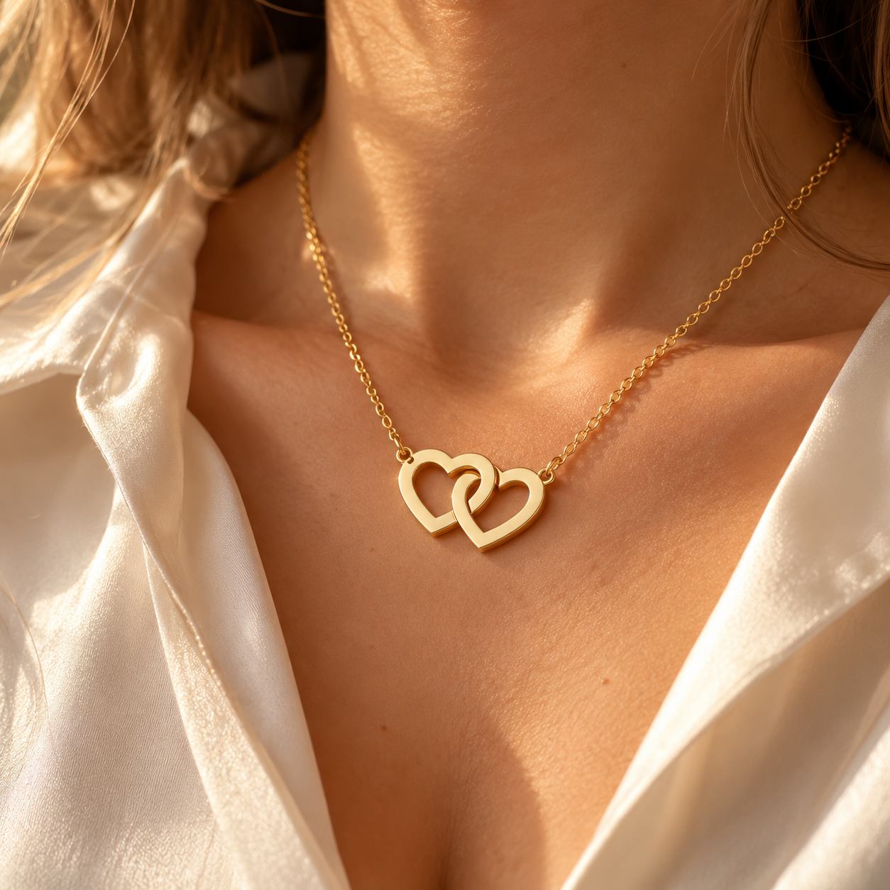 Collier deux cœurs entrelacés porté au cou